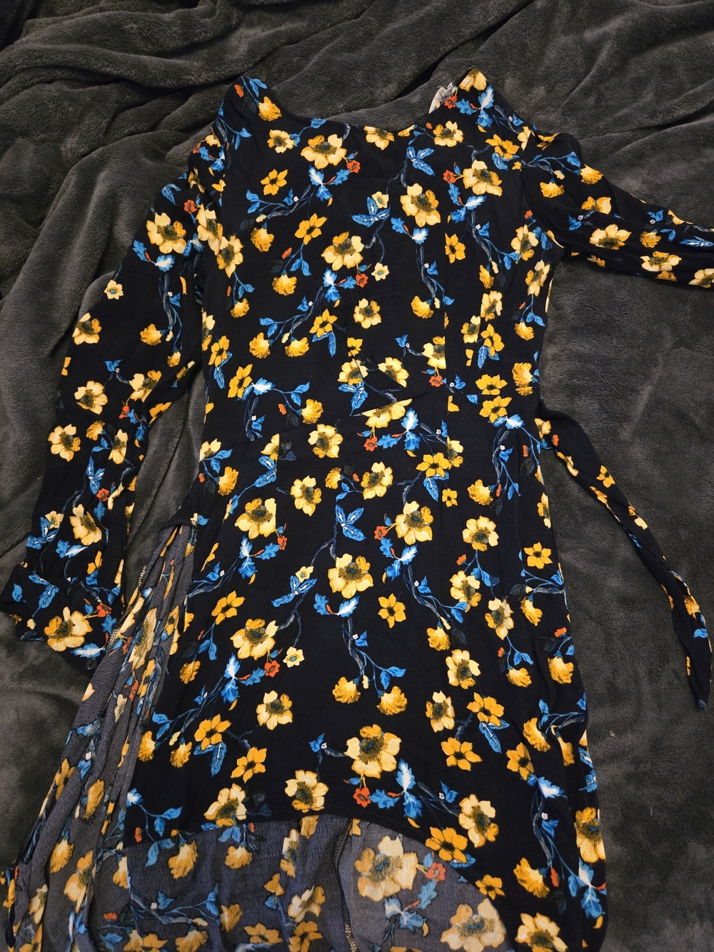 Astr Black Floral Wrap Dress with Yellow & Blue Print